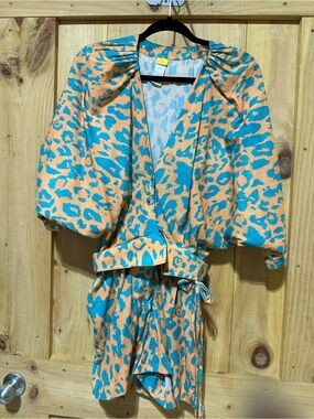 Agua Bendita Turquoise and Orange Animal Print Romper